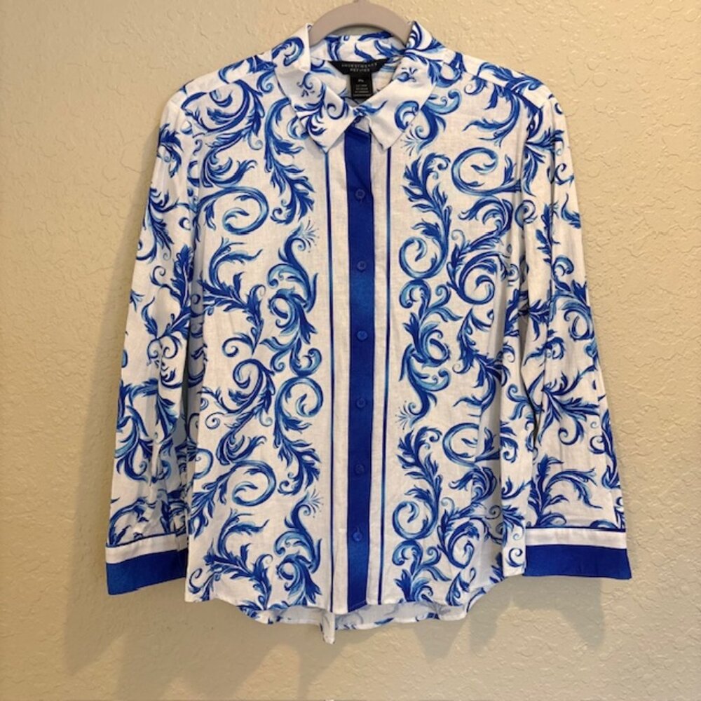 Investments Womens Stretch Linen PL Blue White Collared Button Down Blouse NWT